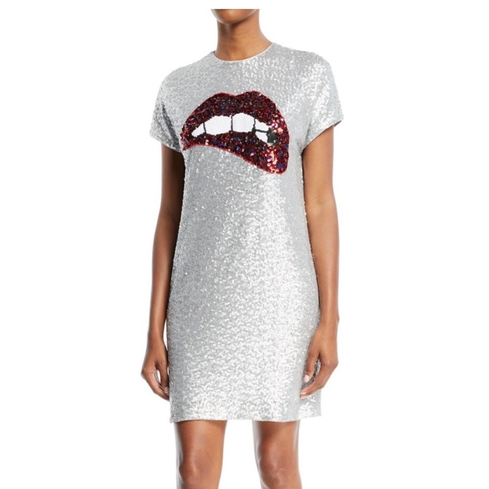 Aidan Mattox Silver Sequin Dress with Red Lips Design
